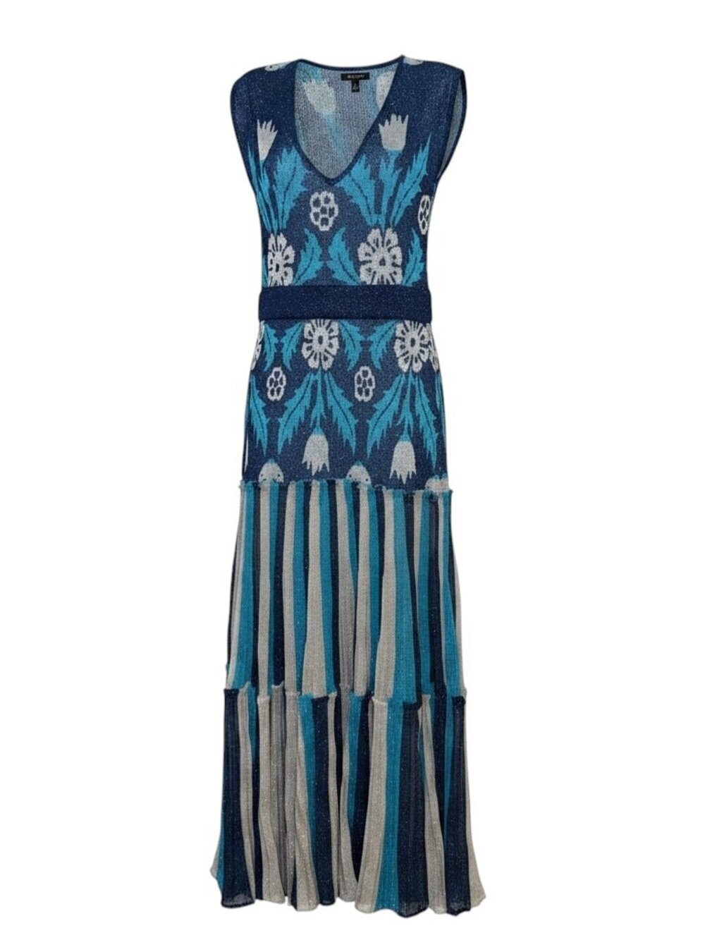 Happy Sheep Metallic Knit Maxi Dress Blue Floral Pleated Italy S NWT